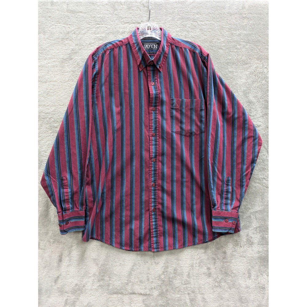 90s Grunge Striped Button Down‎ Shirt Mens Large Burgundy Teal Long Sleeve